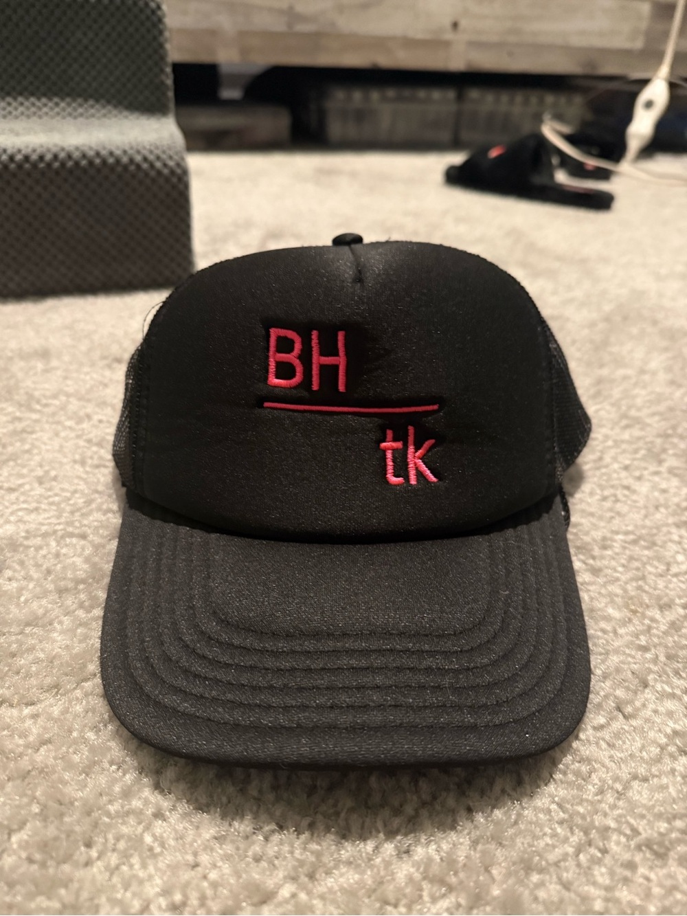 Black Trucker Hat with Pink Embroidered BH tk Logo